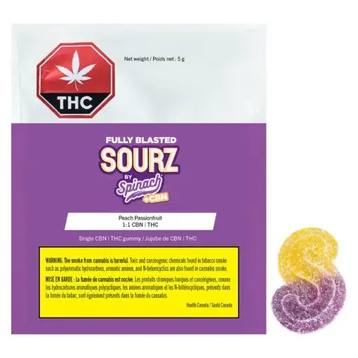 Fully Blasted Peach Passionfruit 1:1 CBN THC Gummy by SOURZ by Spinach - 1 pack - Image 2